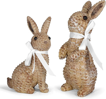 Rattan Effect Resin Bunny Easter Decor,Table Rabbit Easter Decorations,Spring Bunnies Decoration Statue Figurine - Set of 2