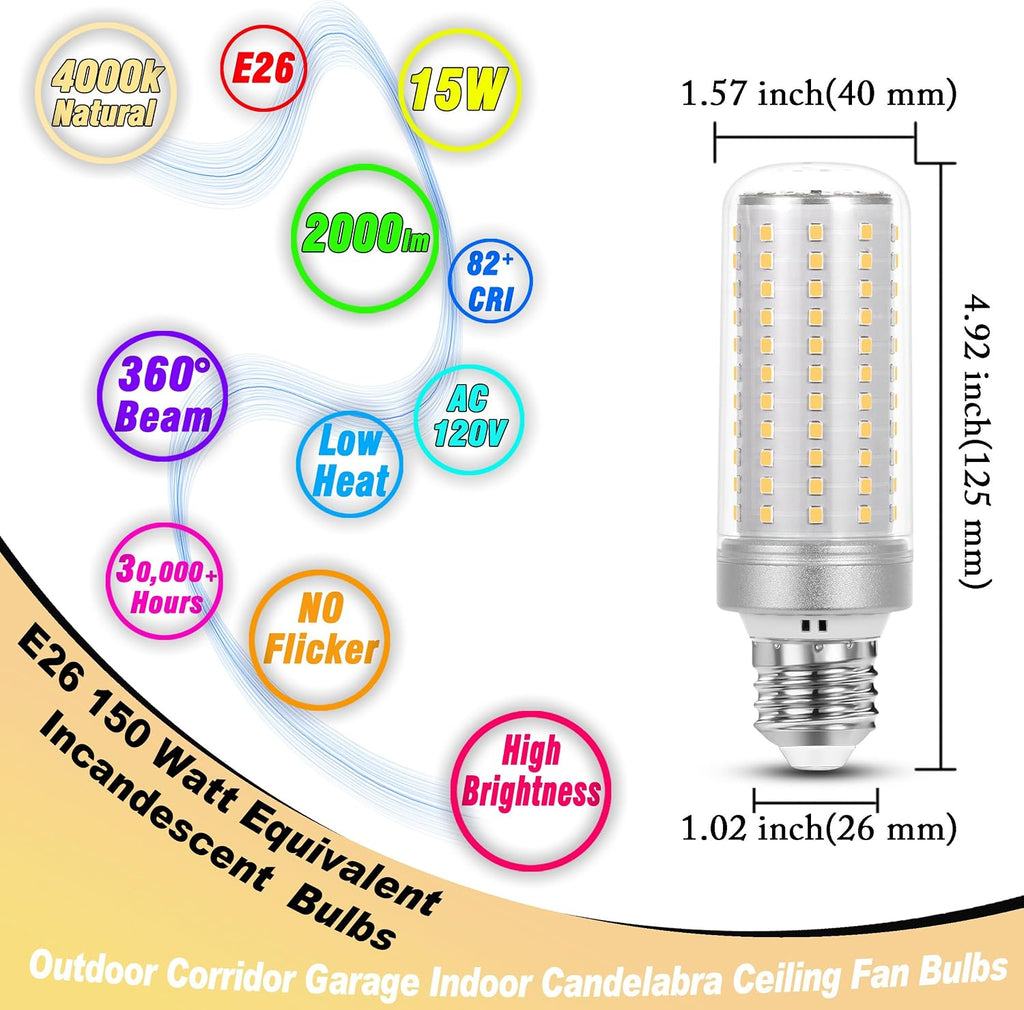 1.57 x 4.92 inch Big E26 15W LED Corn Bulbs 2000lm 150W Equivalent, 2 Pack