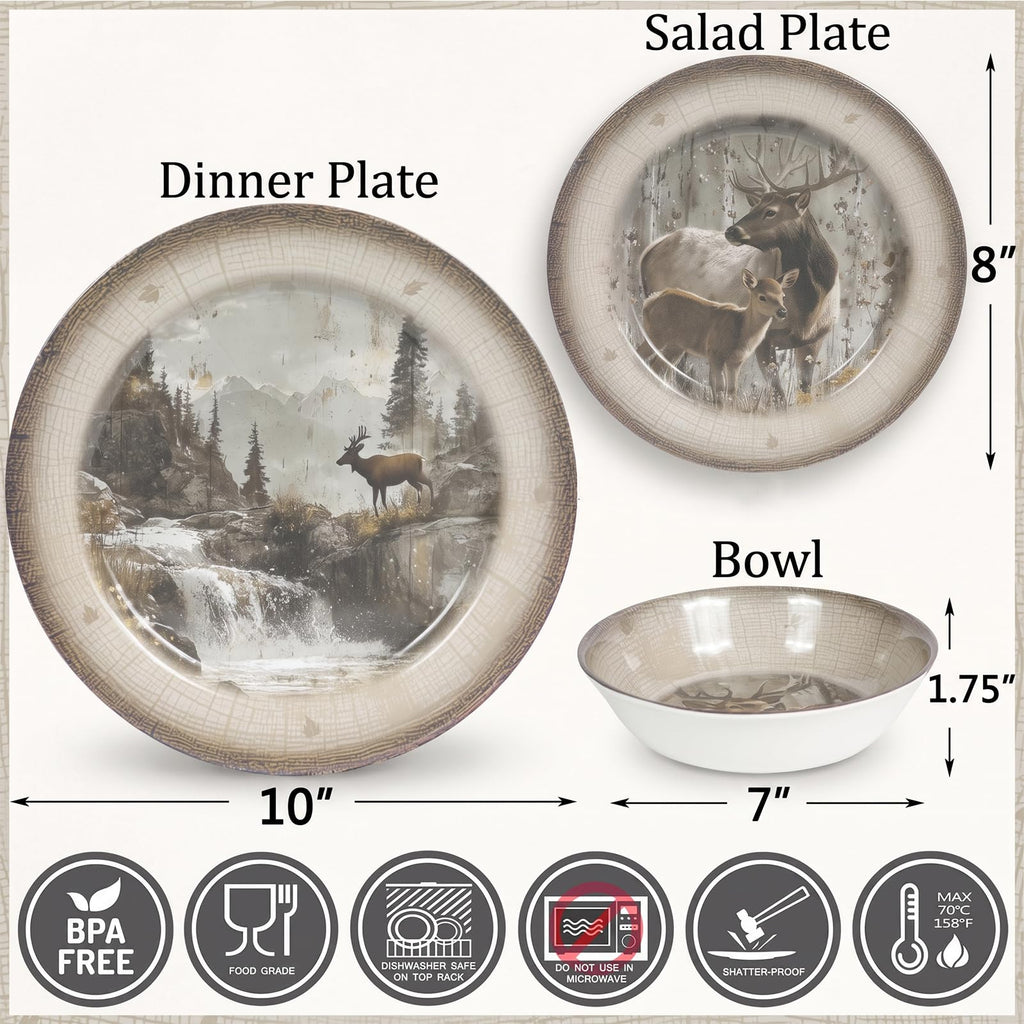 Melamine Dinnerware set for 4-12 PCS Deer Dinner Plates Bowls Set