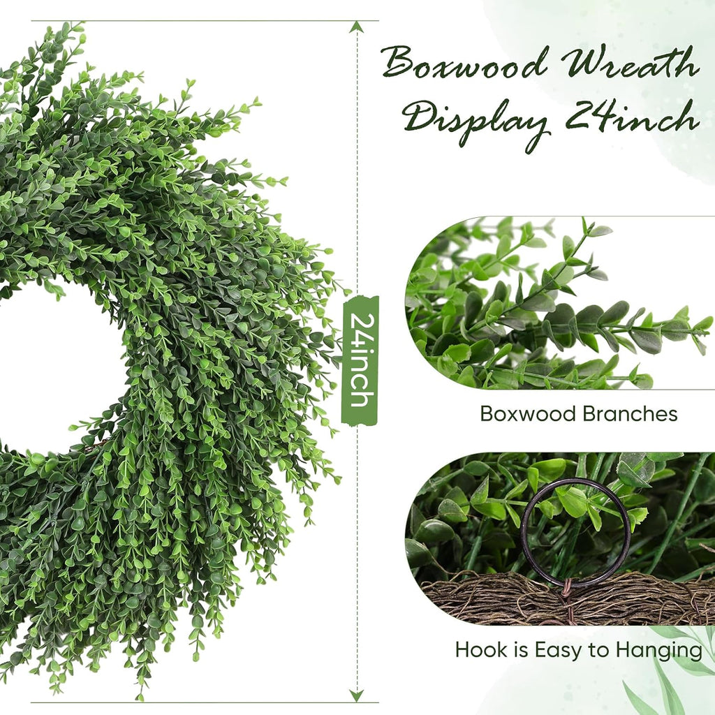 Boxwood Wreath Christmas DIY, Spring Wreaths for Front Door, Realistic Green Wreath for All Seasons Outside Farmhouse