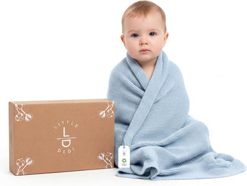 Organic Cotton Baby Blanket 30x40, Baby Blue - GOTS Certified, Soft Knit Swaddle with Gift Box, Breathable Nursery