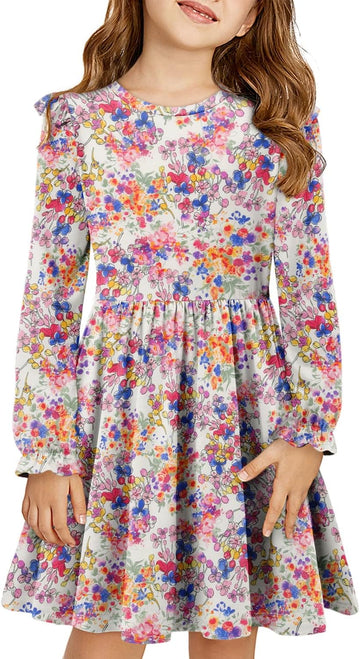 Girls Long Sleeve Dress Casual A Line Ruffle Twirly Skater Dresses