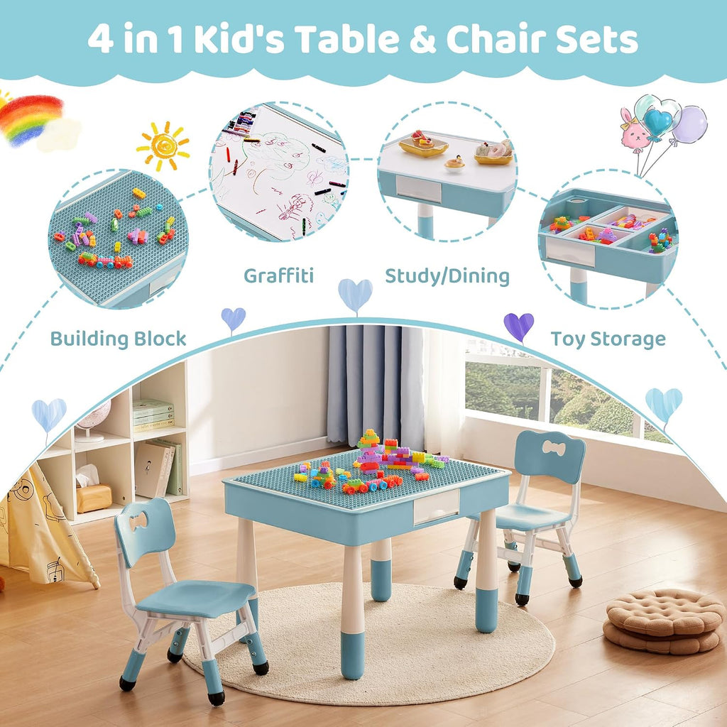 Kids Table & 2 Chairs Set, Double-Sided with Storage,Grayish Blue