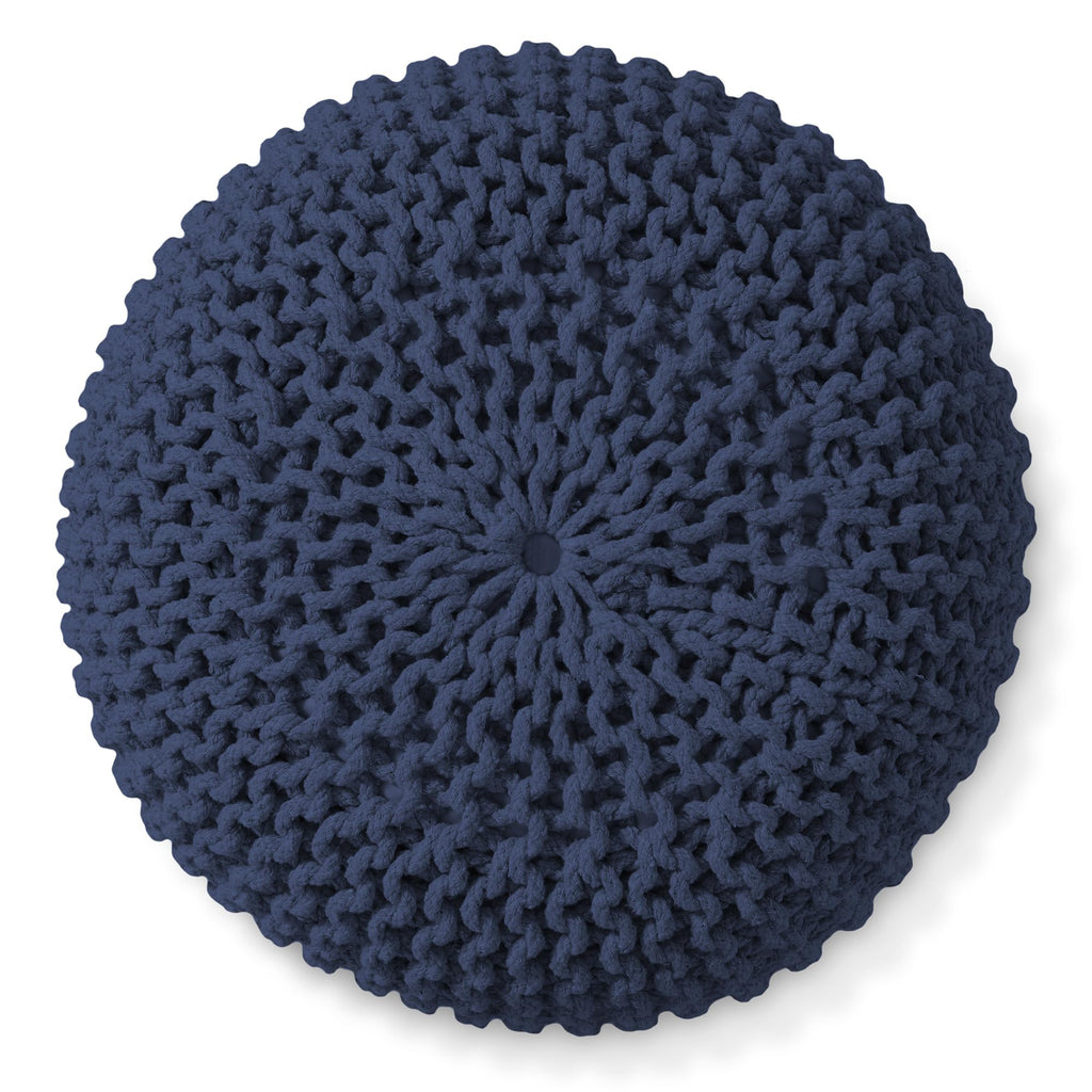 Round Pouf Ottoman, Navy Blue - 20" Diameter x 14.5" High Cotton Knit Foot Stool - Boho Floor Pouffe