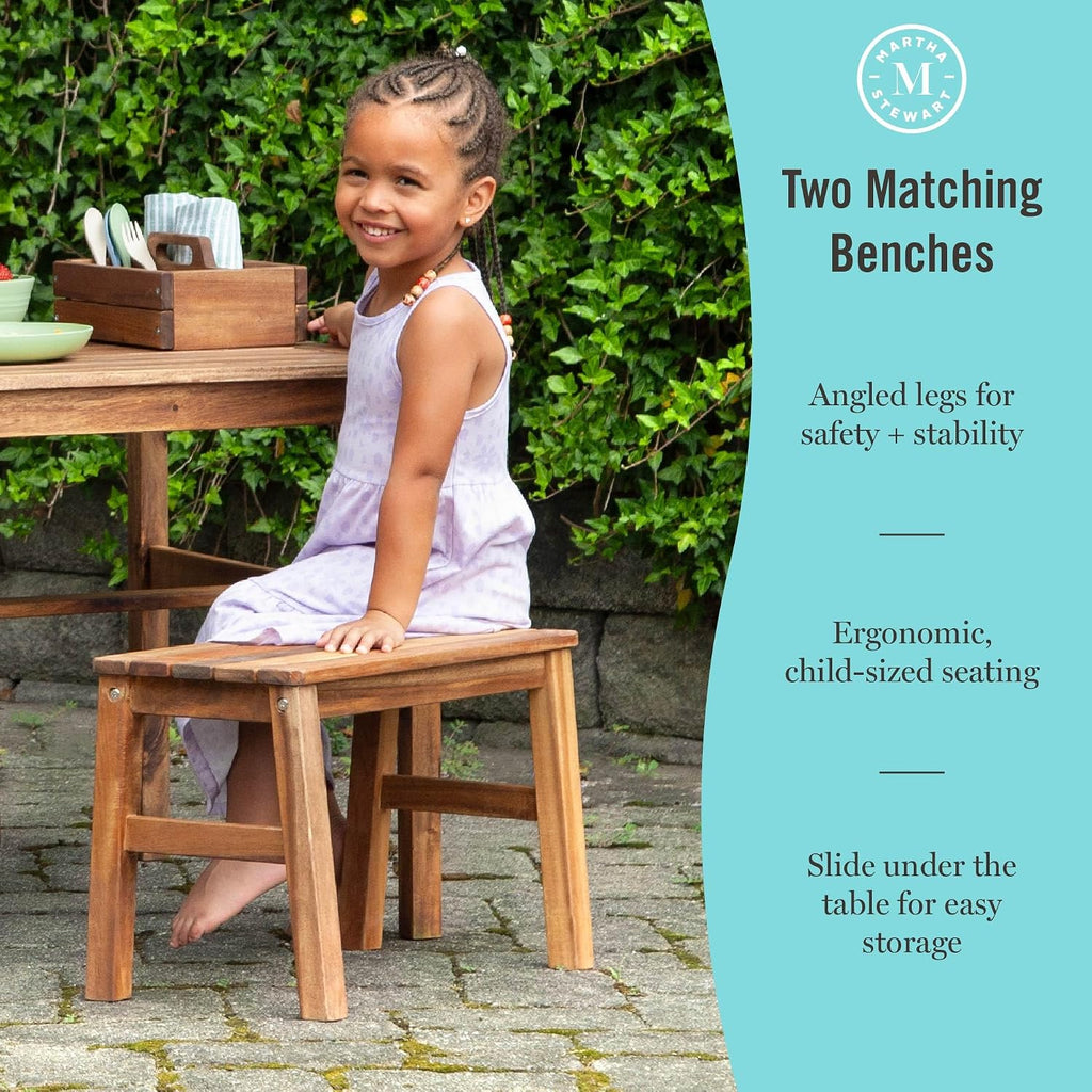Kids Outdoor Craft Table and 2 Bench Set: Acacia Wood Activity Desk w/Crate, Caddy, and Storage Shelves | Kids Play &