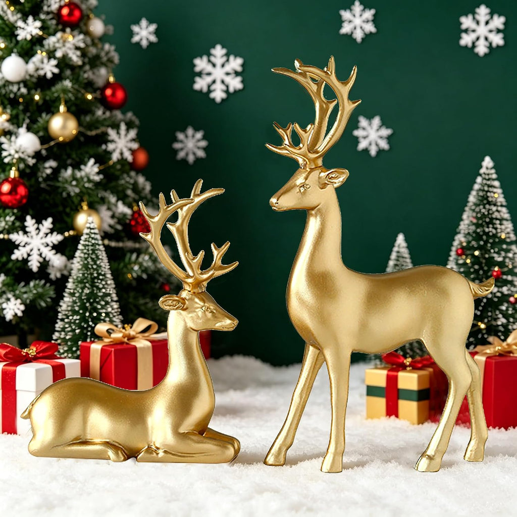 Large Reindeer Sculpture, Gold Resin Christmas Elk Set of 2
