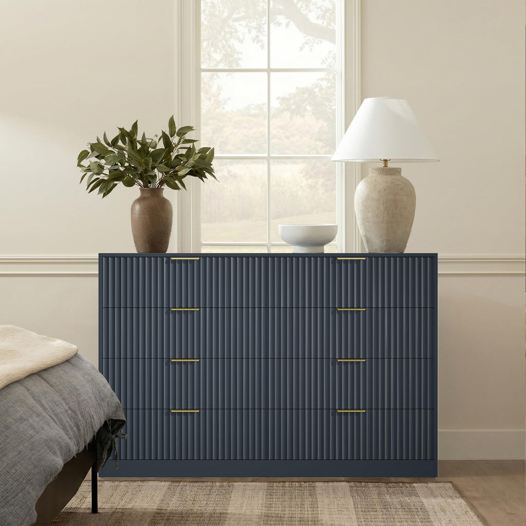 Navy Blue 8 Drawer Dresser, 55" Wide Fluted Chest of Drawers with Gold Metal Handles, Modern Wooden Dresser, Closet