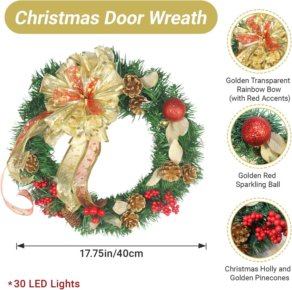 16 Inch Christmas Wreath with Lights,Large Red Bow and Colored Ballswith Battery Box,Warm White 30 LEDs Lights, Front