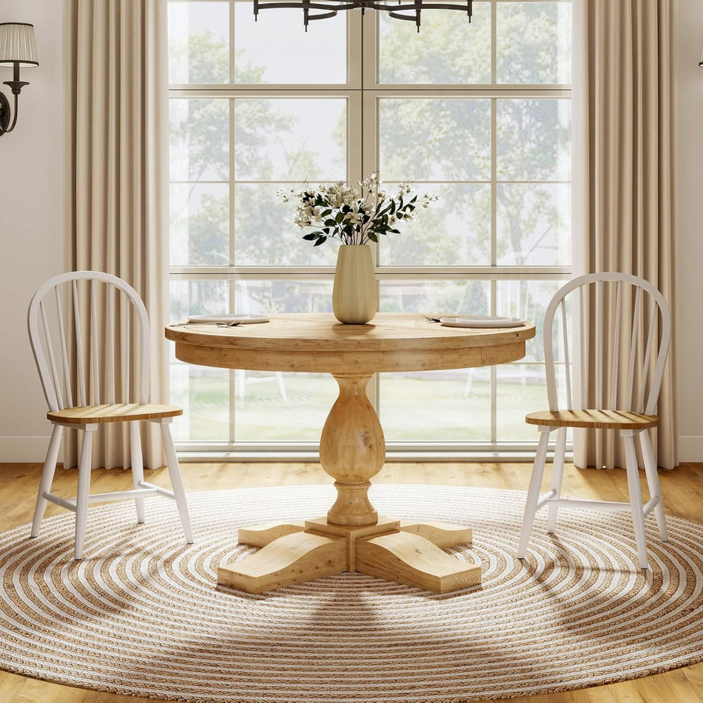 White Windsor Dining Chairs Set of 2, Farmhouse Wooden Dining Room Chairs with Spindle Bow Back, Modern Cottage Style Kitchen Chairs, Oak