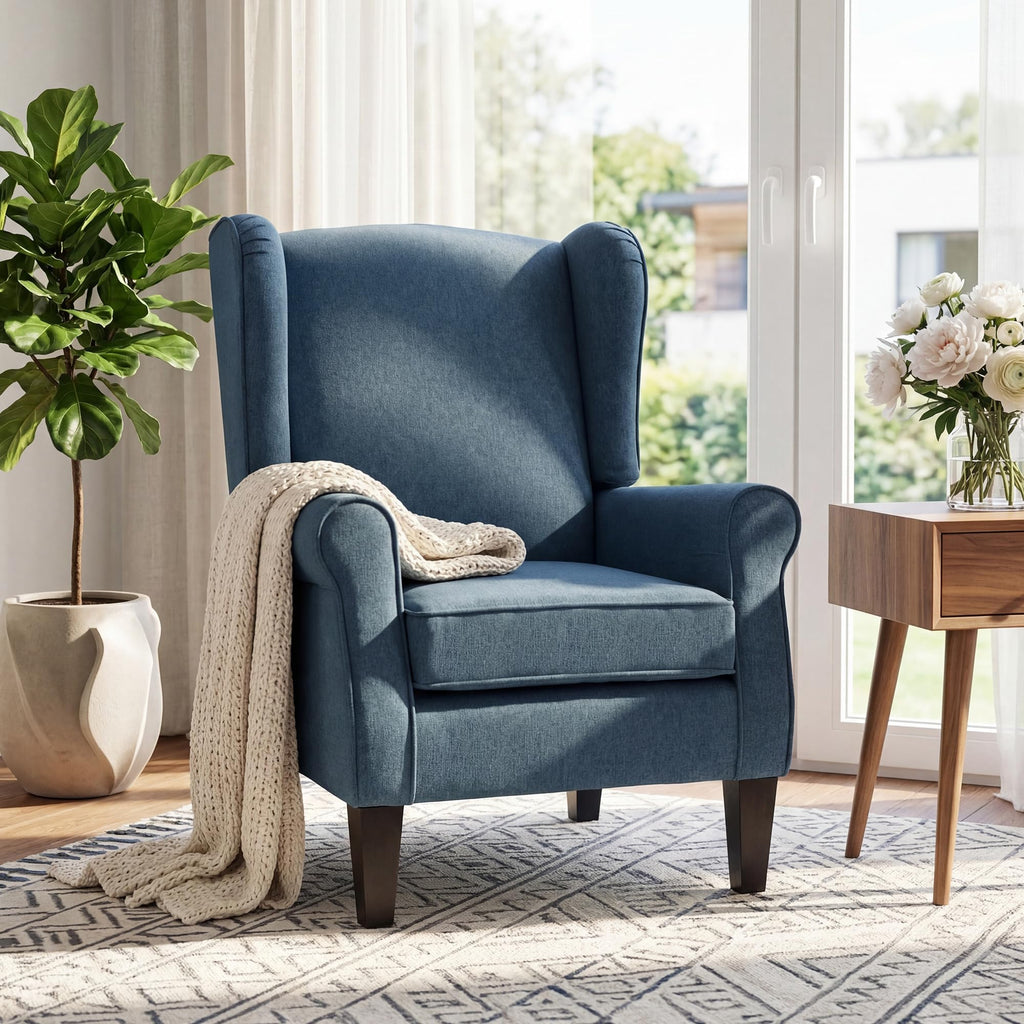 Wingback Accent Chair with Nailhead Trim, Mid Century Modern Armchair (Linen Blue, Set of 2)