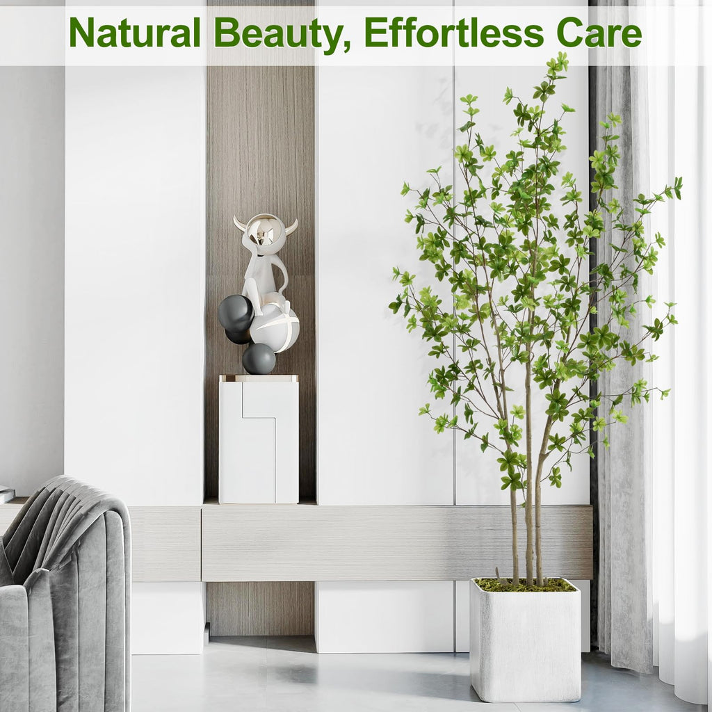 Artificial Enkianthus Tree 6ft Tall Fake Plant with Lifelike Leaves and Trunk - Large Indoor Floor Plant in White Pot