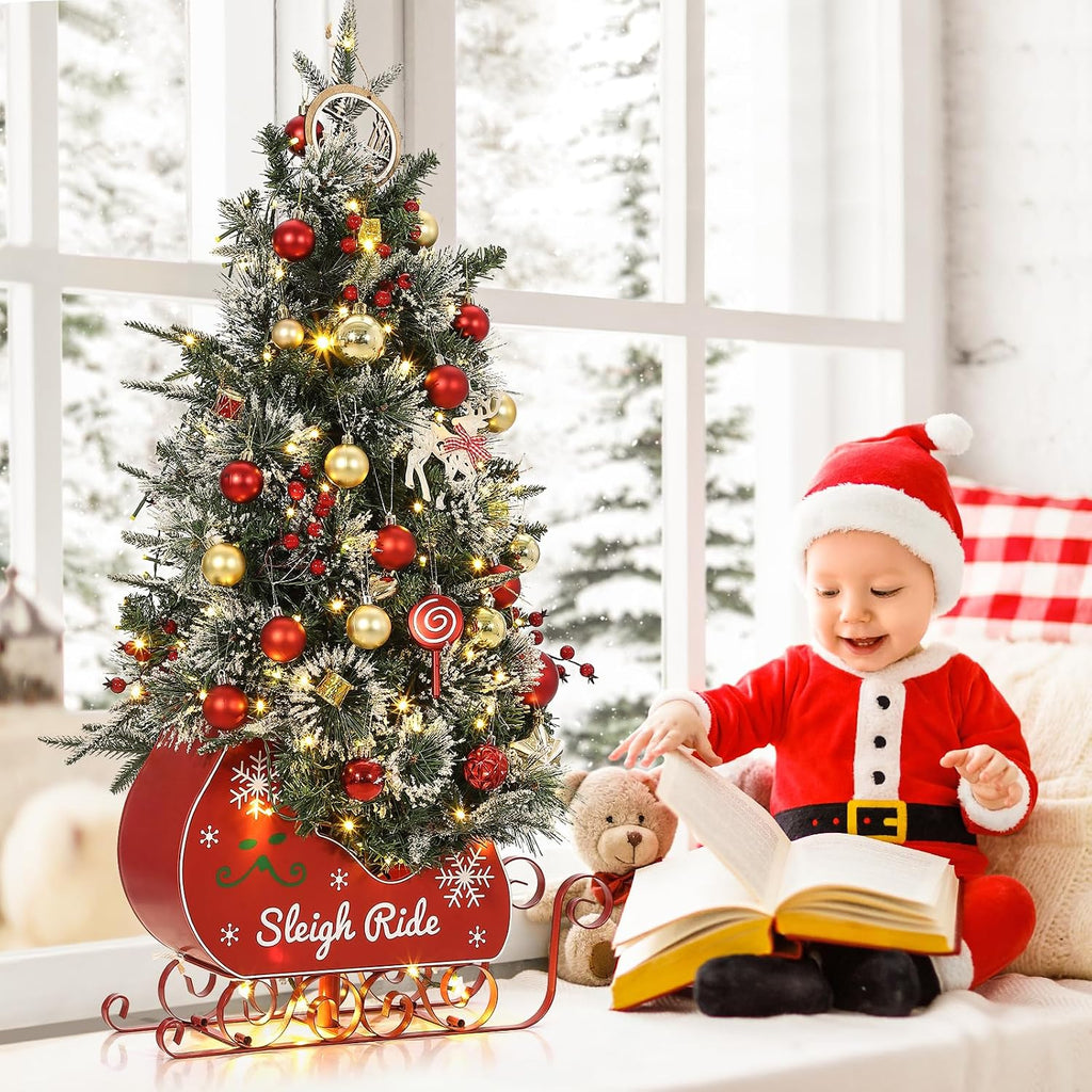 3FT Christmas Tree, Pre-Lit Artificial Christmas Trees with Lights, Small Xmas Trees with Sleigh Base & 78 Warm White