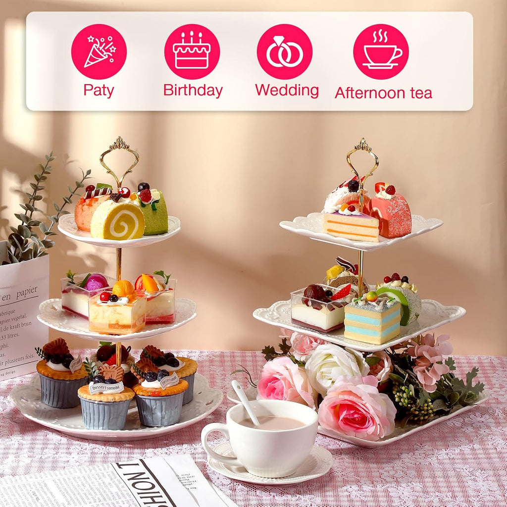 Tier Porcelain Cupcake Stand Round and Square White Ceramic Cake Stand 3 Tier Serving Tray Tiered Dessert - Set of 2