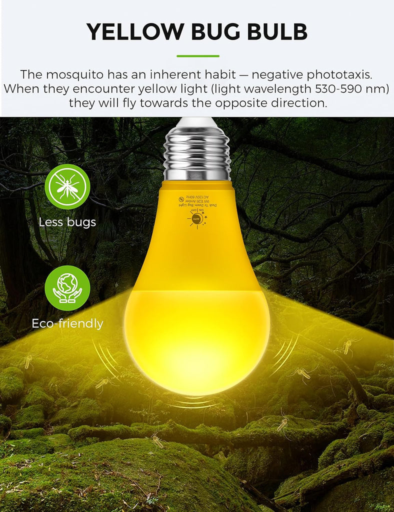 Yellow Bug Light Bulbs Outdoor, A19 Dusk to Dawn LED Bug Light Bulbs, 2000K Amber Glow, Photocell Sensor LED, Auto