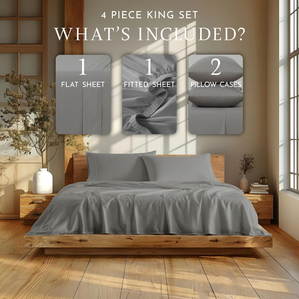 4Pc 100% Organic Cotton King Size Sheets Set, Grey, 300 Thread Count, Naturally Derived EarthColors, Deep Pocket