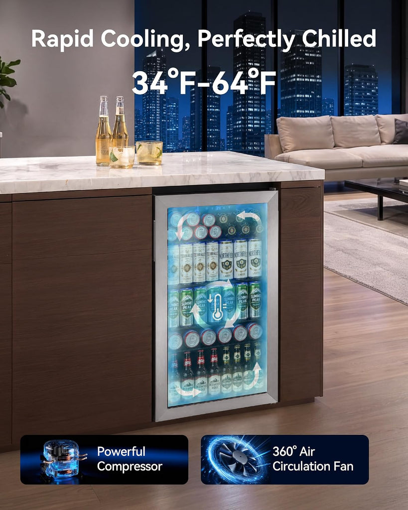 Beverage Refrigerator Cooler - 126 Can Mini Fridge Glass Door for Drinks Soda Beer Wine