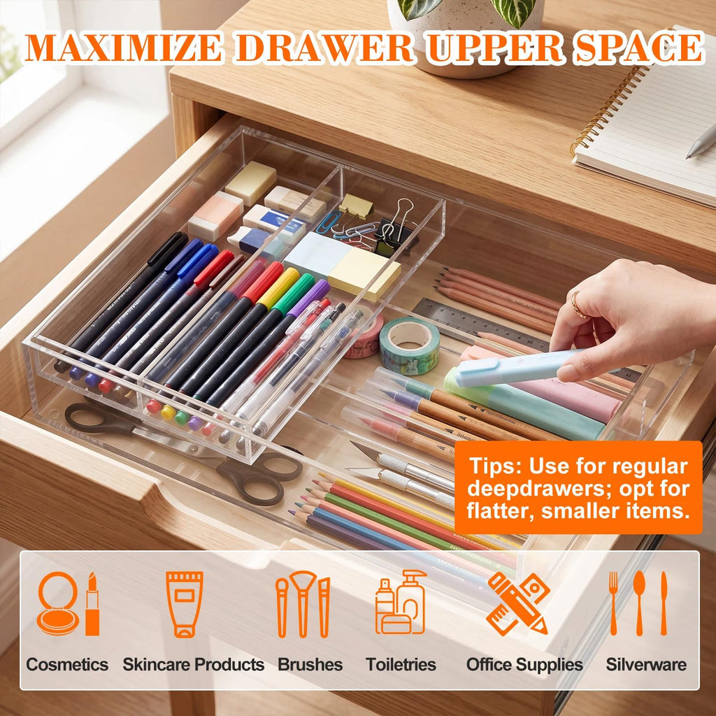 2 Layer Acrylic Deep Kitchen Utensil Drawer Organizer for Flatware Utensils