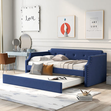 Twin Size Daybed with Trundle, Linen Upholstered DayBed with Trundle, Modern Tufted Daybed Sofa Bed Frame, No Box