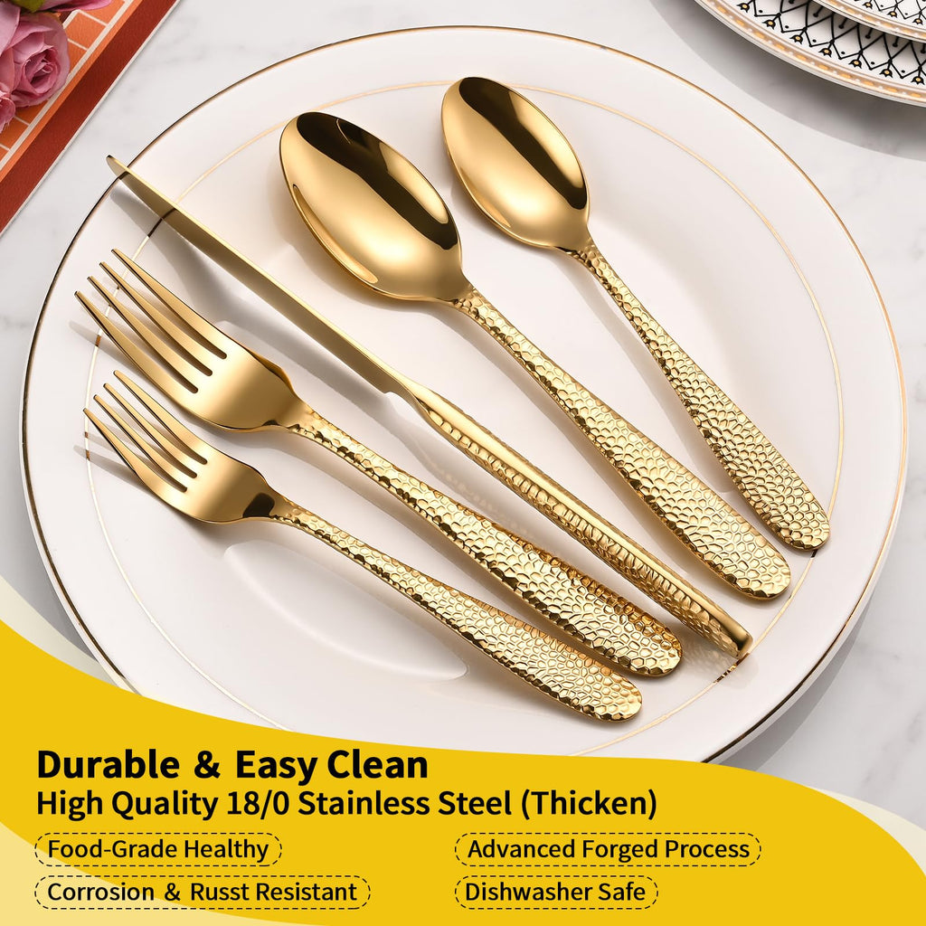 Gold Hammered Silverware Set, 40-Piece Heavy Duty Stainless Steel Flatware Sets for 8, Food-Grade Cutlery Set