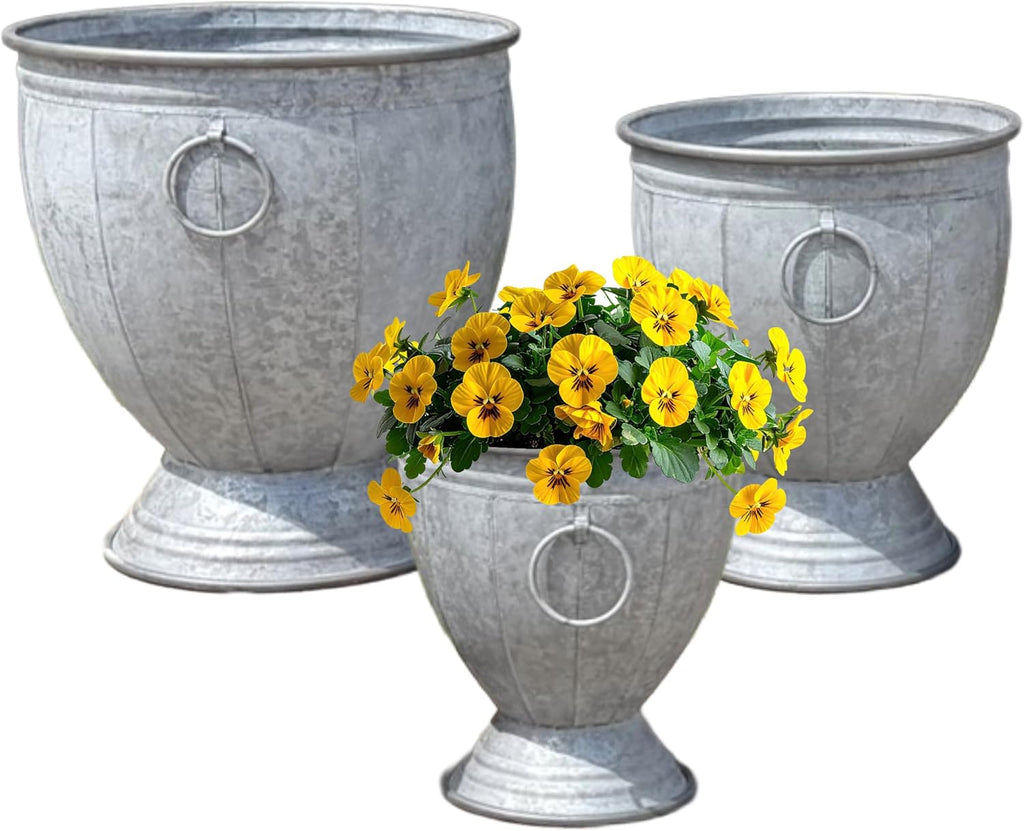Durham Footed Urn Chubby Belly Planters, Set of 3, Ring Handles, Galvanized Metal, Vintage Grey, Indoor/Outdoor