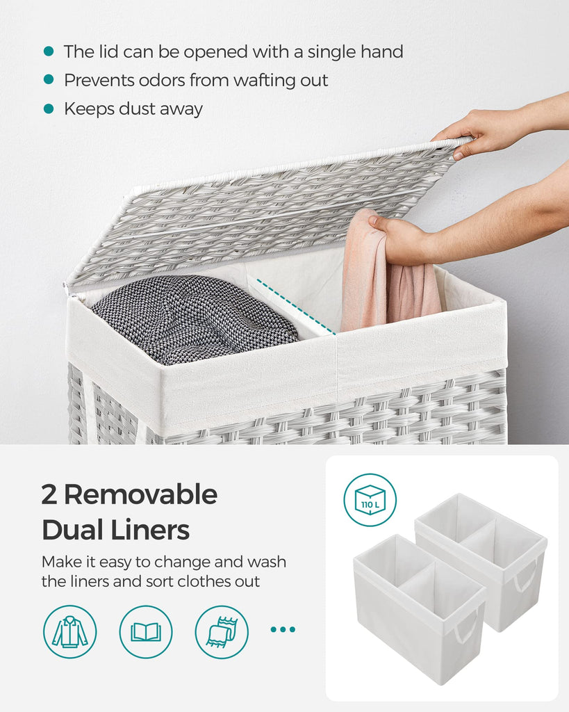 Laundry Hamper with Lid, 110L Double Wicker Basket, 6 Mesh Bags