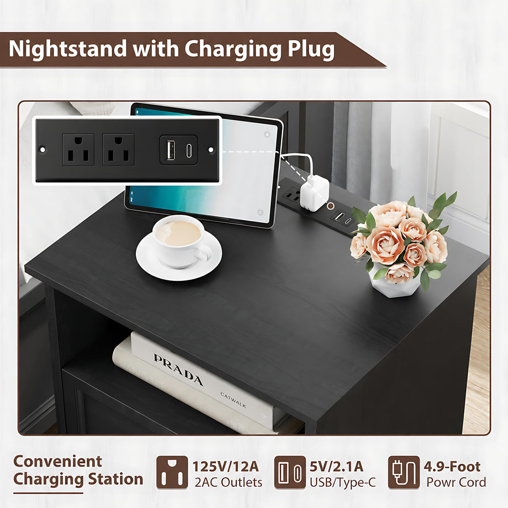 Black Nightstand with Charging Station, 19.7" 2-Drawer End Table