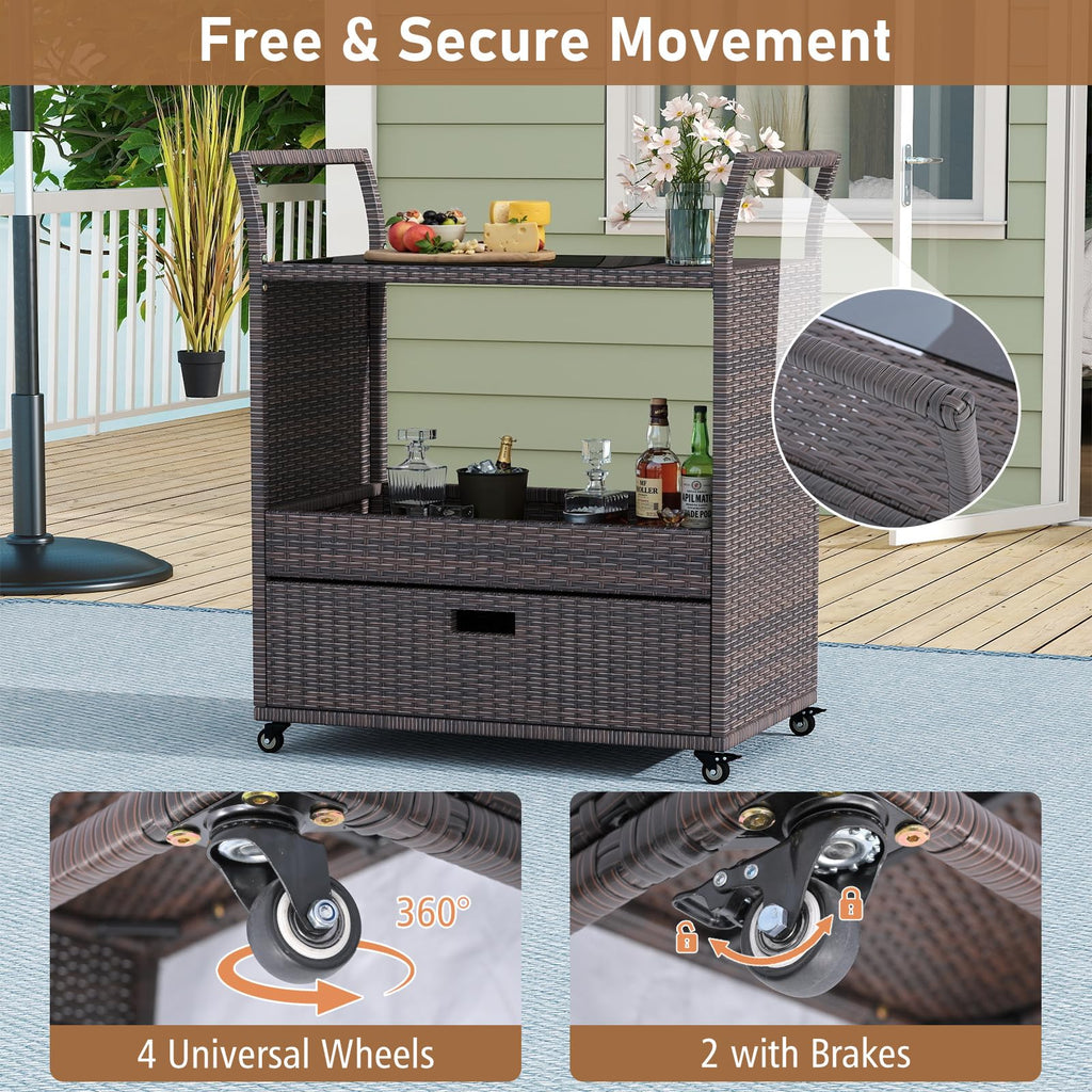Rolling Rattan Bar Cart, Bar Counter Table with Tempered Glass Top