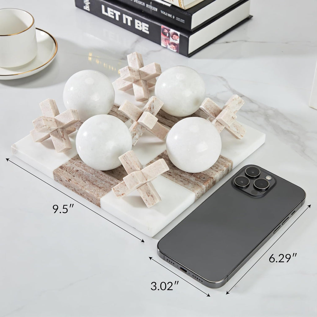 Marble Tic Tac Toe Game Set - Natural Organic Stone Board with White and Brown XO Pieces, Luxury Decorative X and O