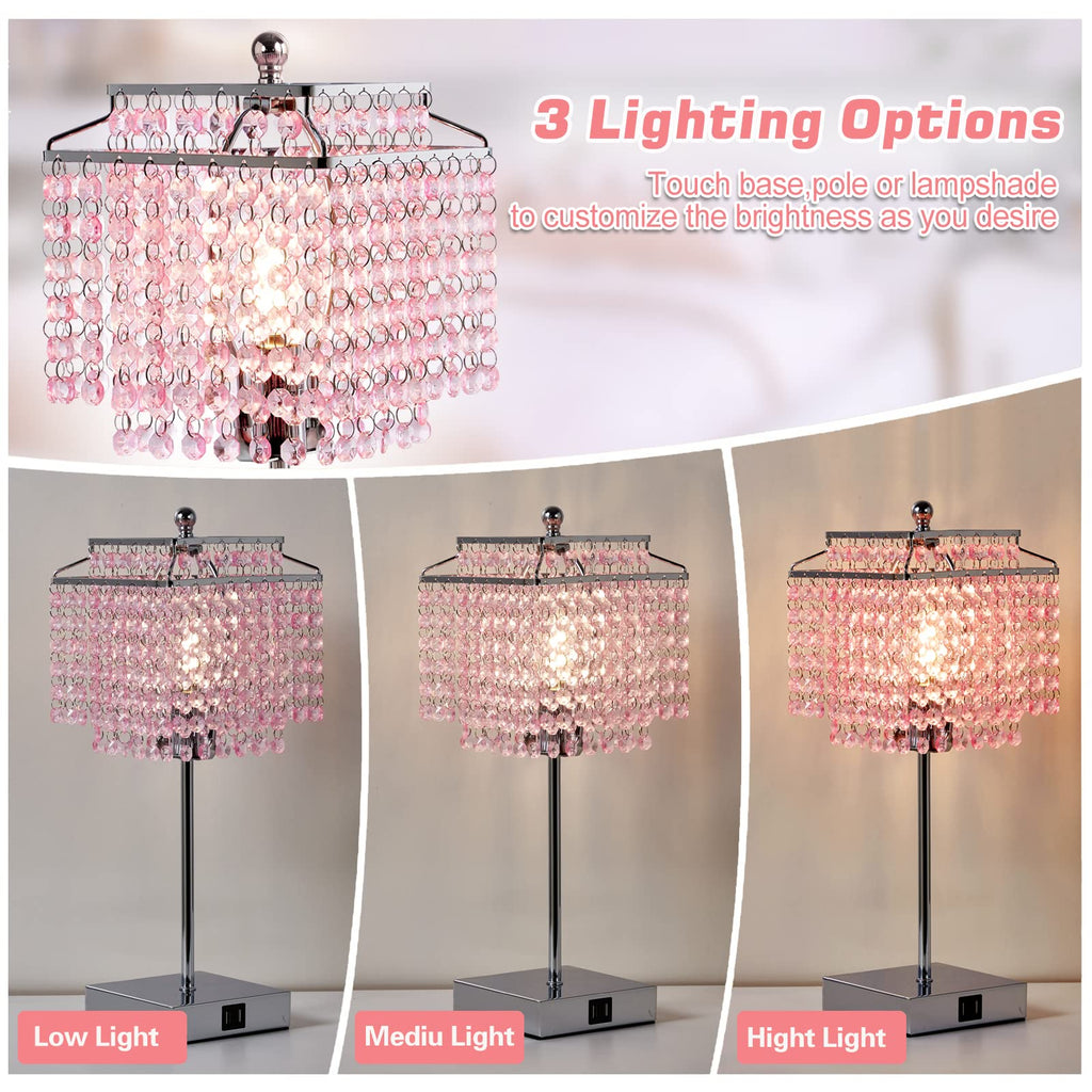 Crystal Touch Table Lamp, Bedside Lamp with USB C+A Ports, Pink Lamp