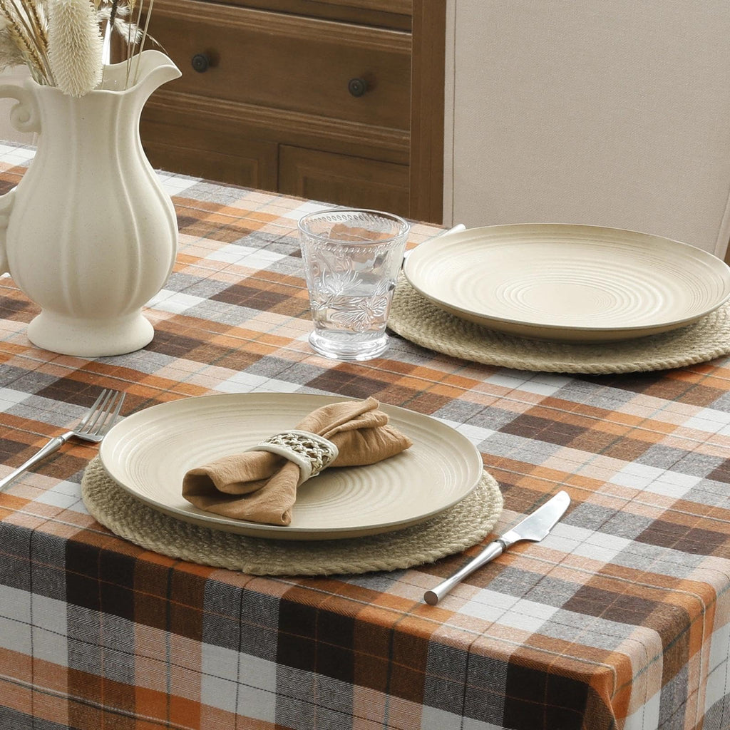 Fall Checkered Tablecloth Rectangle, 60 x 84 Inch, Brown