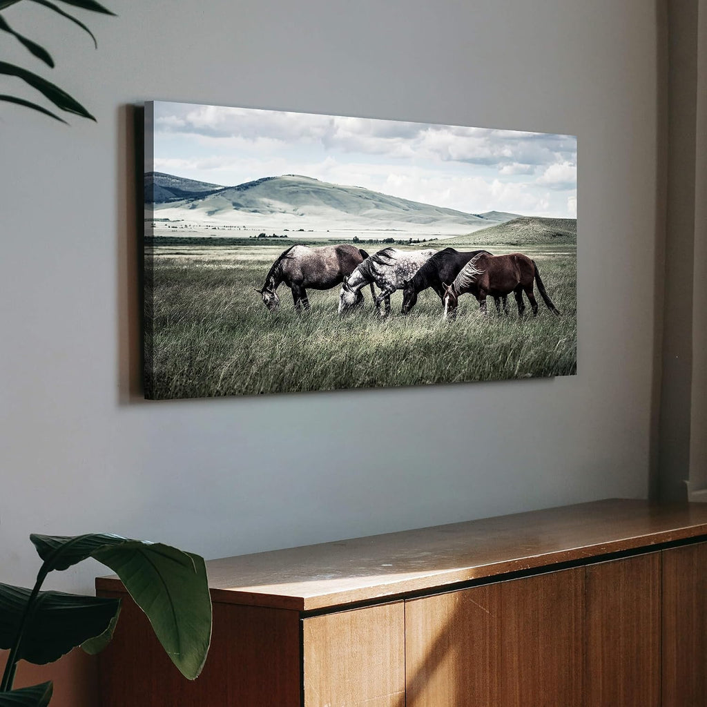 Rustic Horse Canvas Wall Art: Farmhouse Horses Picture Vintage Wild Animal Grazing on Grass Painting Print Country