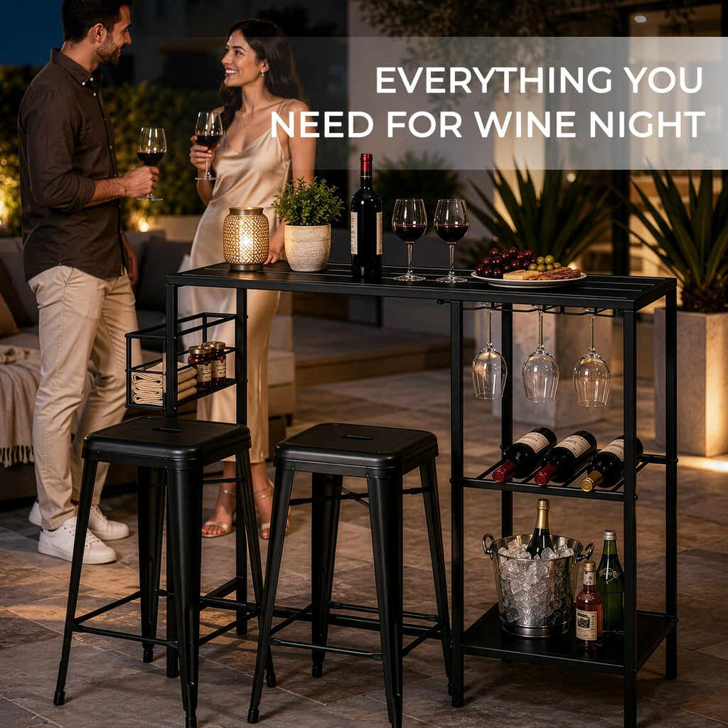 Outdoor Bar Table, 43.3" Metal Bar Counter with Wine Glass Rack