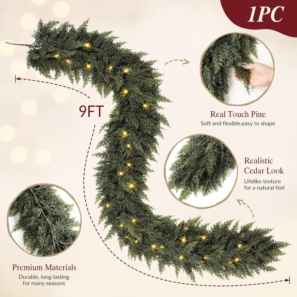 9FT Pre-Lit Cedar Christmas Garland with Lights, Real Touch Mantel Decor