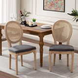 French Country Dining Chairs Set of 2, Farmhouse Rattan Dining Chairs with Round Back and Wood Legs for Kitchen or Bedroom, Deep Grey