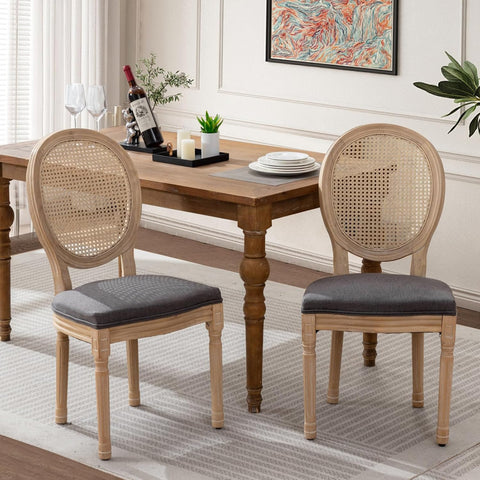 French Country Dining Chairs Set of 2, Farmhouse Rattan Dining Chairs with Round Back and Wood Legs for Kitchen or Bedroom, Deep Grey