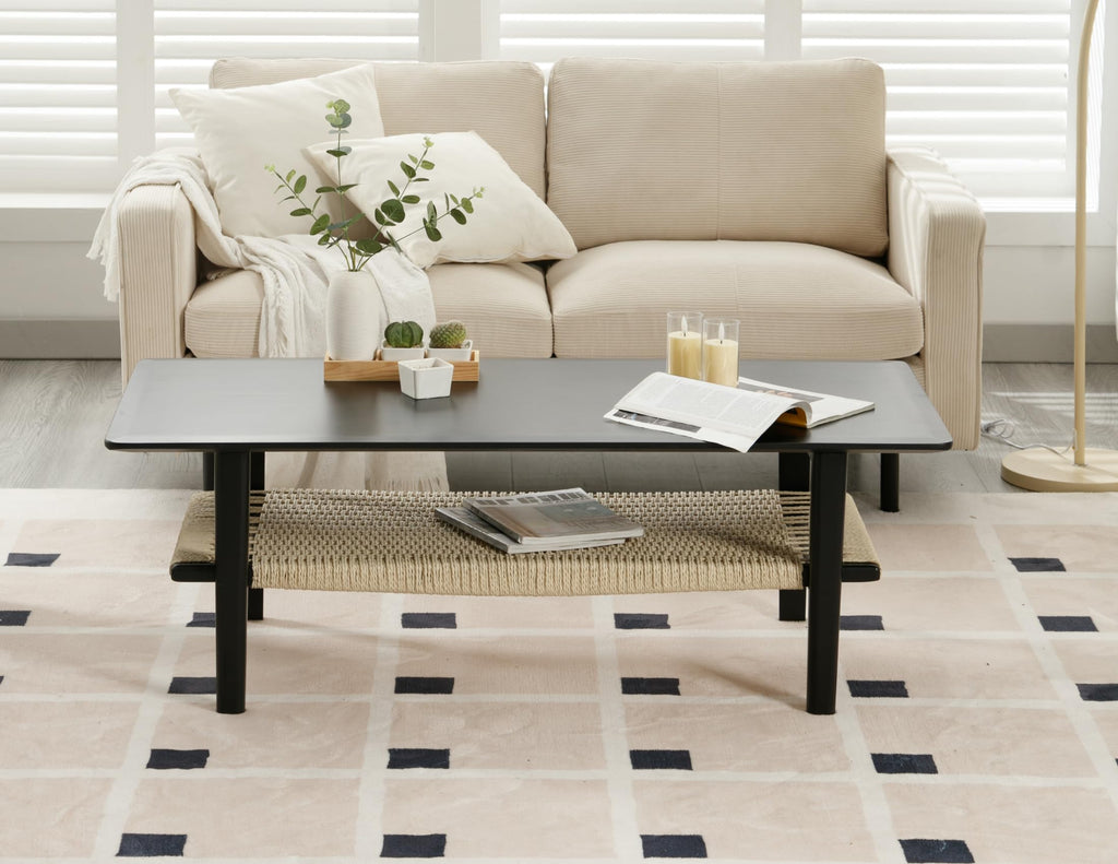 2-Tier Rattan Coffee Table, 47" Rectangle Wood Center Table, Black