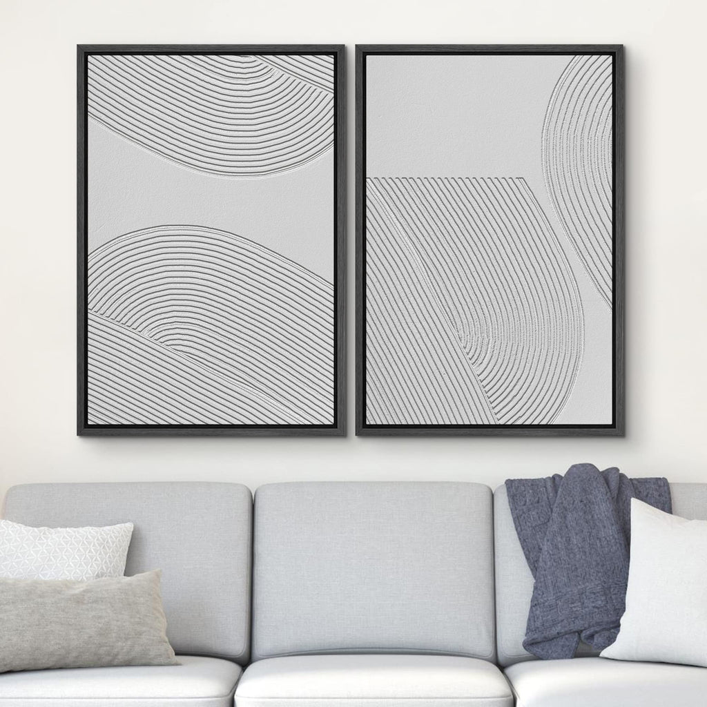 Framed Canvas Print Wall Art Set Geometric Duotone Gray Line Polygons Abstract Shapes Illustrations Modern Art