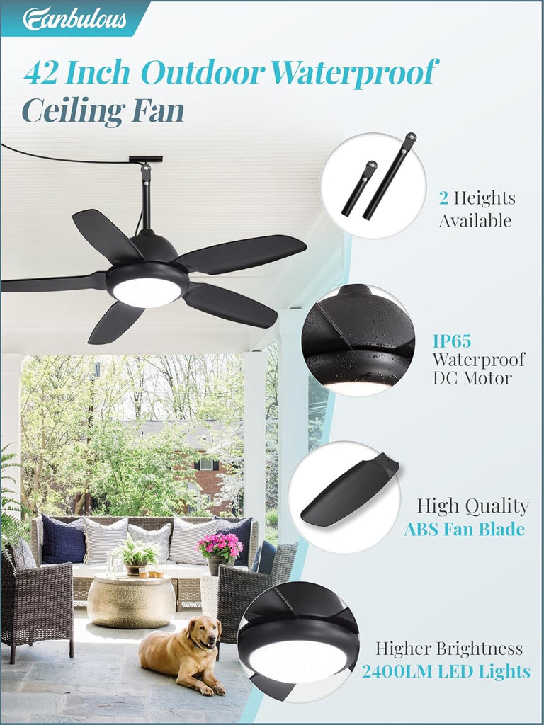 42 Inch Waterproof Outdoor Ceiling Fan with Lights and Remote,IP65 Hanging Gazebo Fan with 3CCT 6-Speed DC Motor,Black Wet Rated Plug in Ceiling Fan with Cord for Patios Porch Pergola A101-B0DPHGLJP5