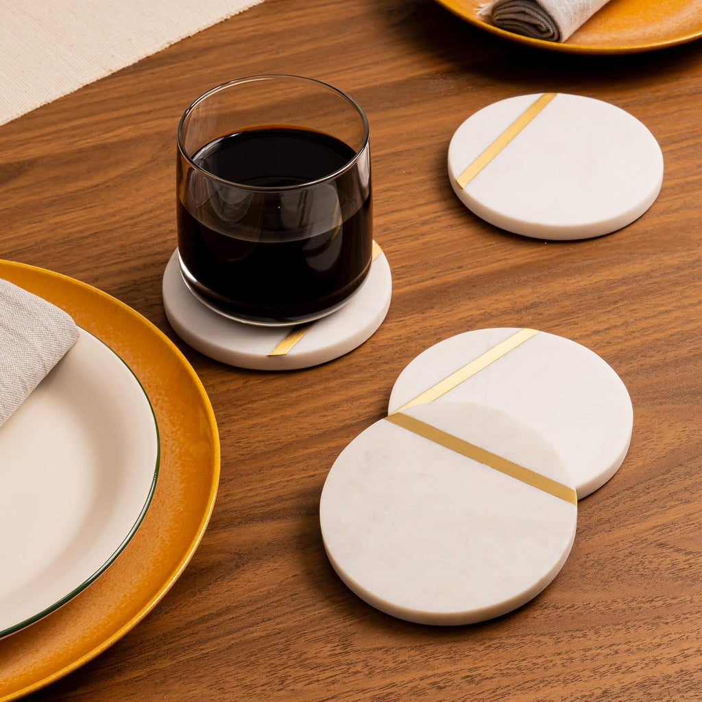 Marble Coasters with Gold Brass Inlay, White - Set of 6