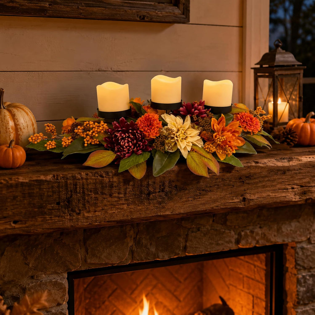 25 Inch Fall 3 Candle Holder Centerpiece with Dahlias and Mums