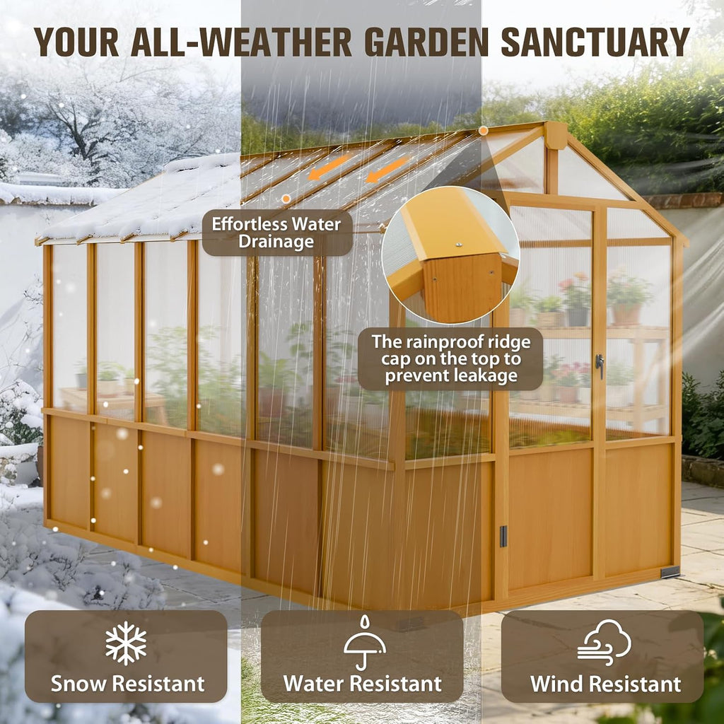 6x12ft Cedar Wood Greenhouse with Roof Vents, Outdoor Greenhouse Kit, Weather Resistant Plant Garden House, Natural