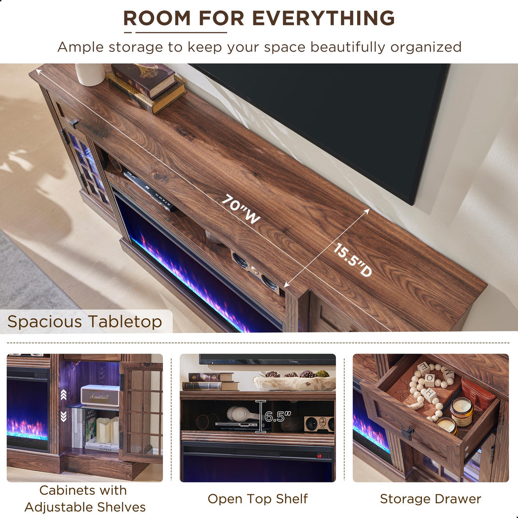 Fireplace TV Stand for 80 Inch TV, Farmhouse Highboy Entertainment Center w/LED Lights & 36" Electric Fireplace