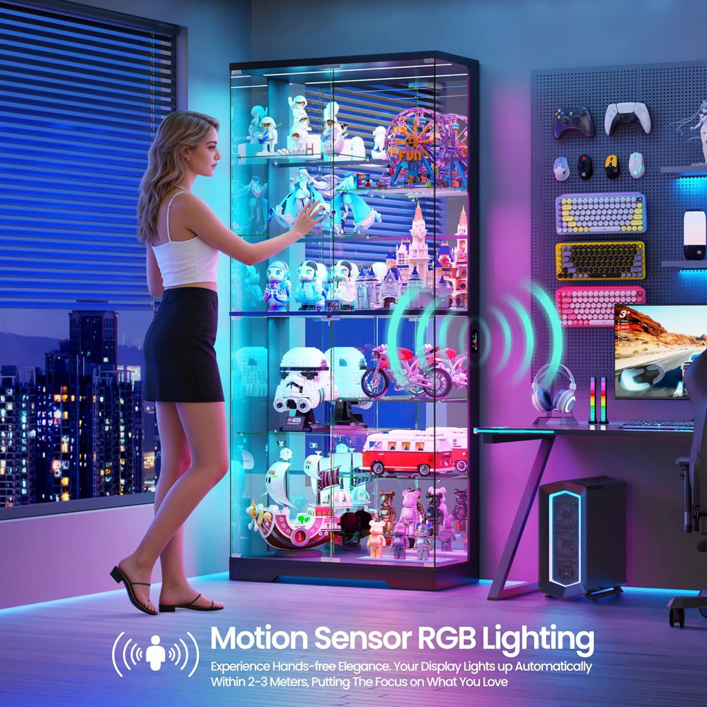 10-Tier Glass Display Cabinet with RGB Light and Motion Sensor,Black | 71''H Lockable Curio Cabinet with Glass