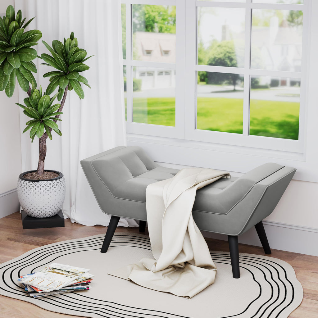 Upholstered Tufted Small Cute Bench Ottoman Foyer Bathroom Vanity Bedroom (One Seater, Velvet Grey)