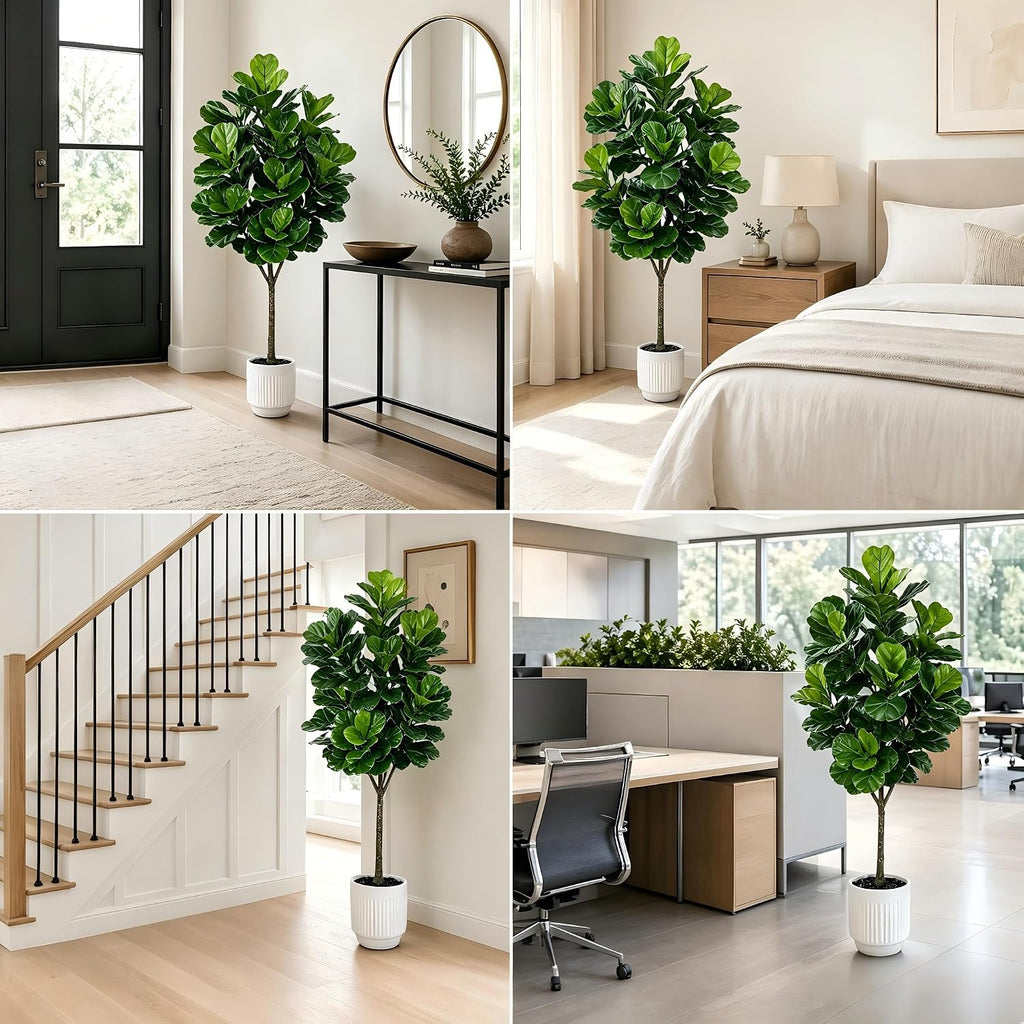 6FT Fiddle Leaf Fig Artificial Tree, Silk Fake Ficus Tree with White Planter, Indoor Faux Fiddle Leaf Fig Tree