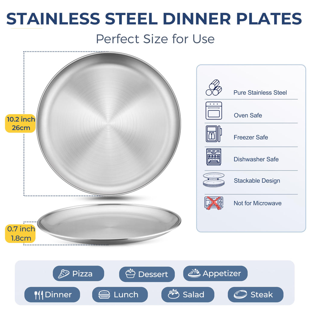 8 PCS Stainless Steel Plate Set, 10.2 Inches Dinner Plates Reusable
