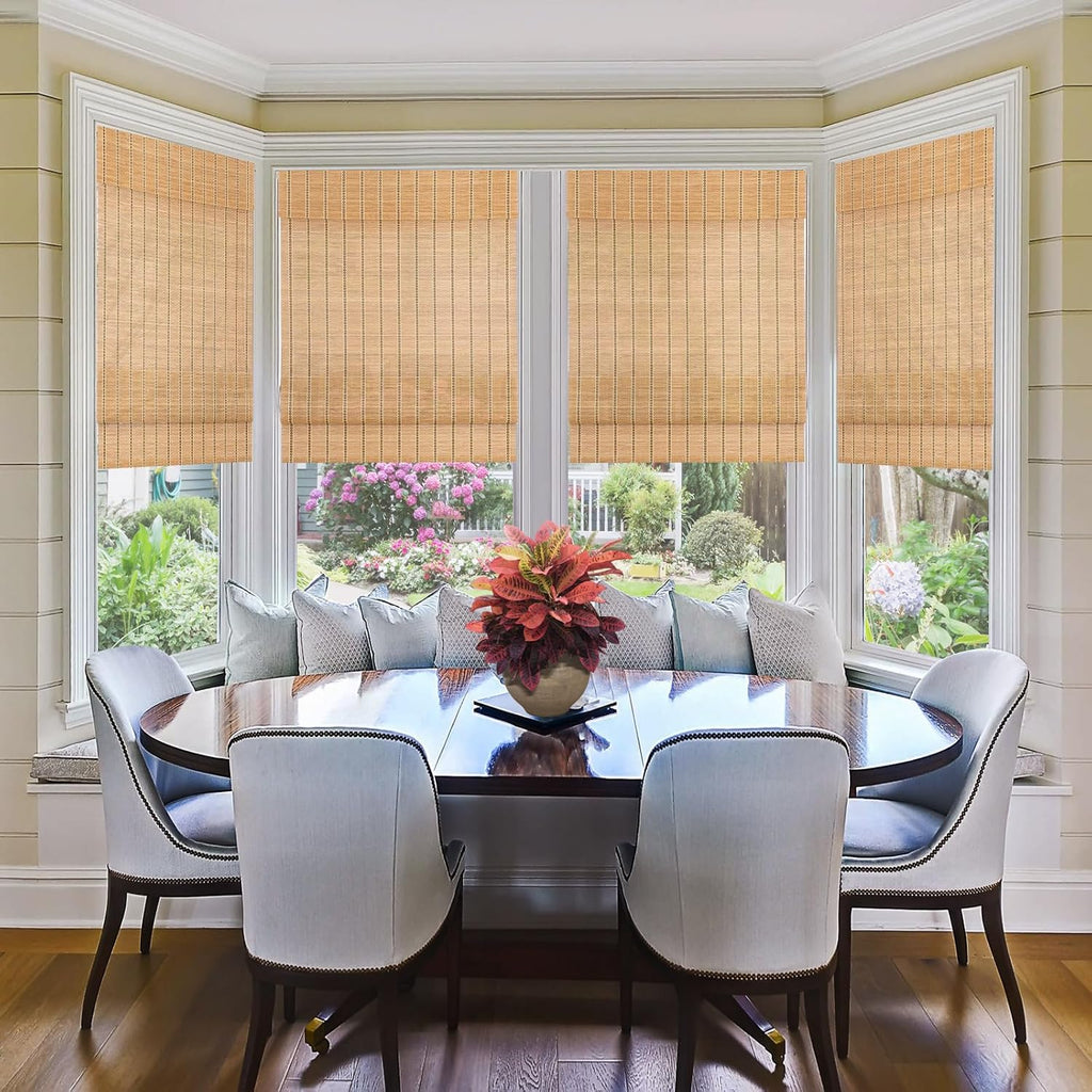 Cordless Bamboo Roman Shades, Natural Woven Blinds with 6 Inches High Valance, Custom Room Darkening Privacy Lined