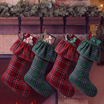 Large Christmas Red Green Tartan Plaid Stockings Decor Gift - Set of 4