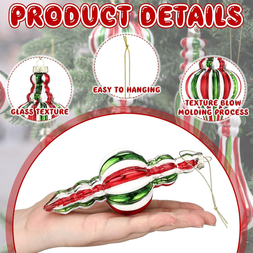 6.3 in Red and Green Mercury Glass Finial Christmas Ornaments - Set of 6