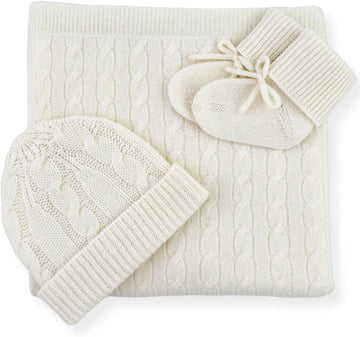 100% Cashmere Baby Blanket Gift Set Cable Knit 0-6 Months Cream
